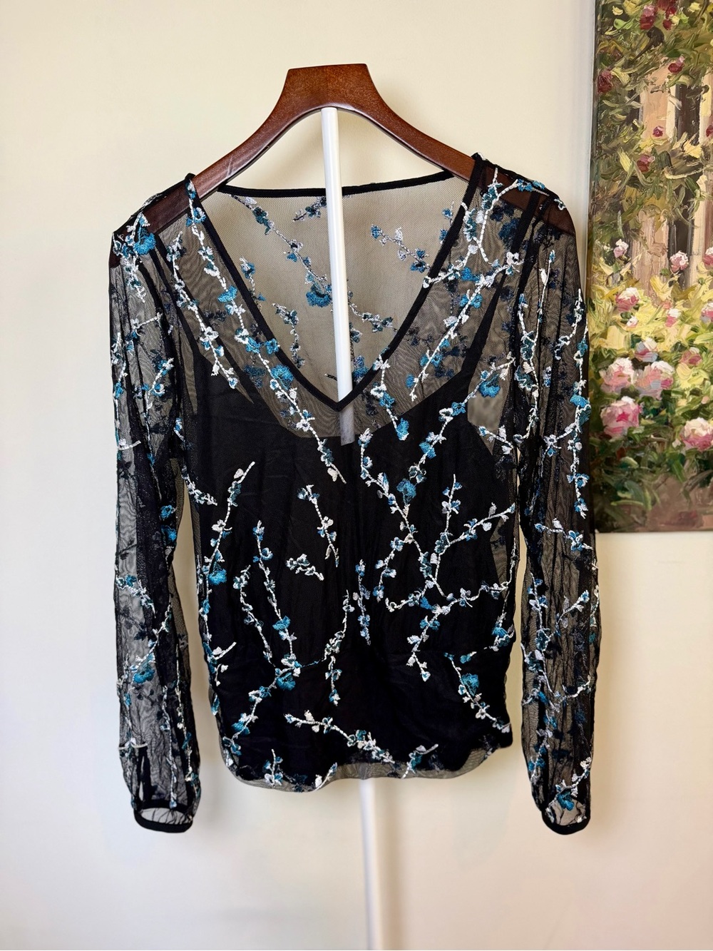 White House Black Market Sheer Black Embroidered Mesh Blouse M